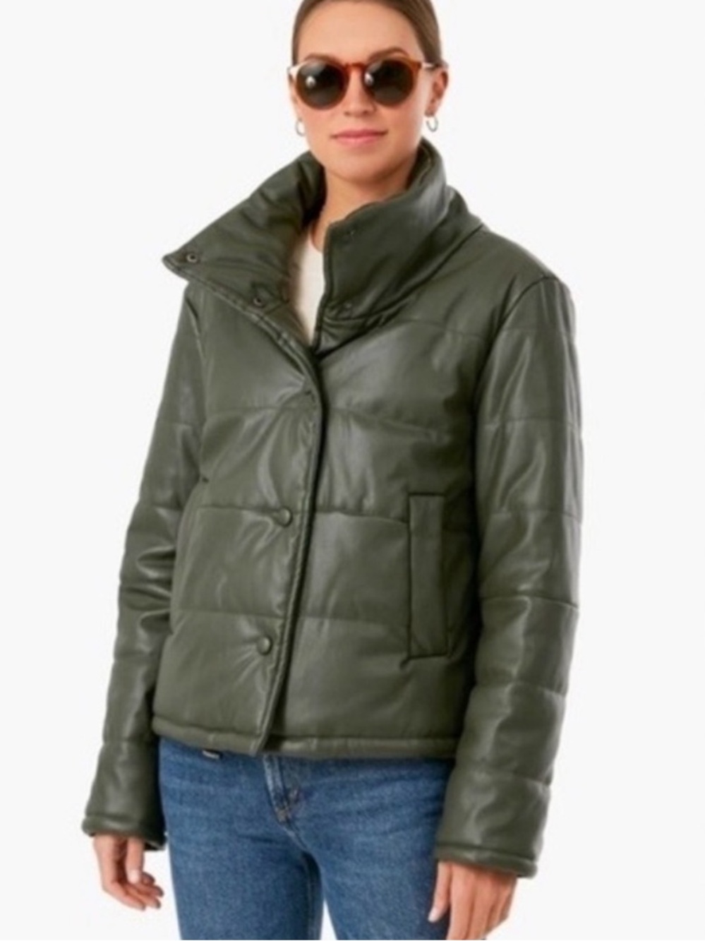 Pomander Place Ralph Faux Leather Women's Olive Puffer Jacket - small